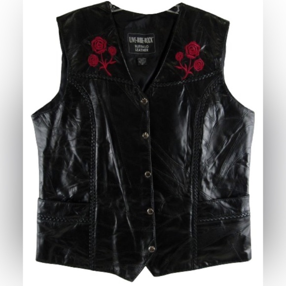 Live-Ride-Rock Jackets & Blazers - LIVE-RIDE-ROCK Women’s Buffalo Leather Embroidered Roses Moto Vest 4X GUC